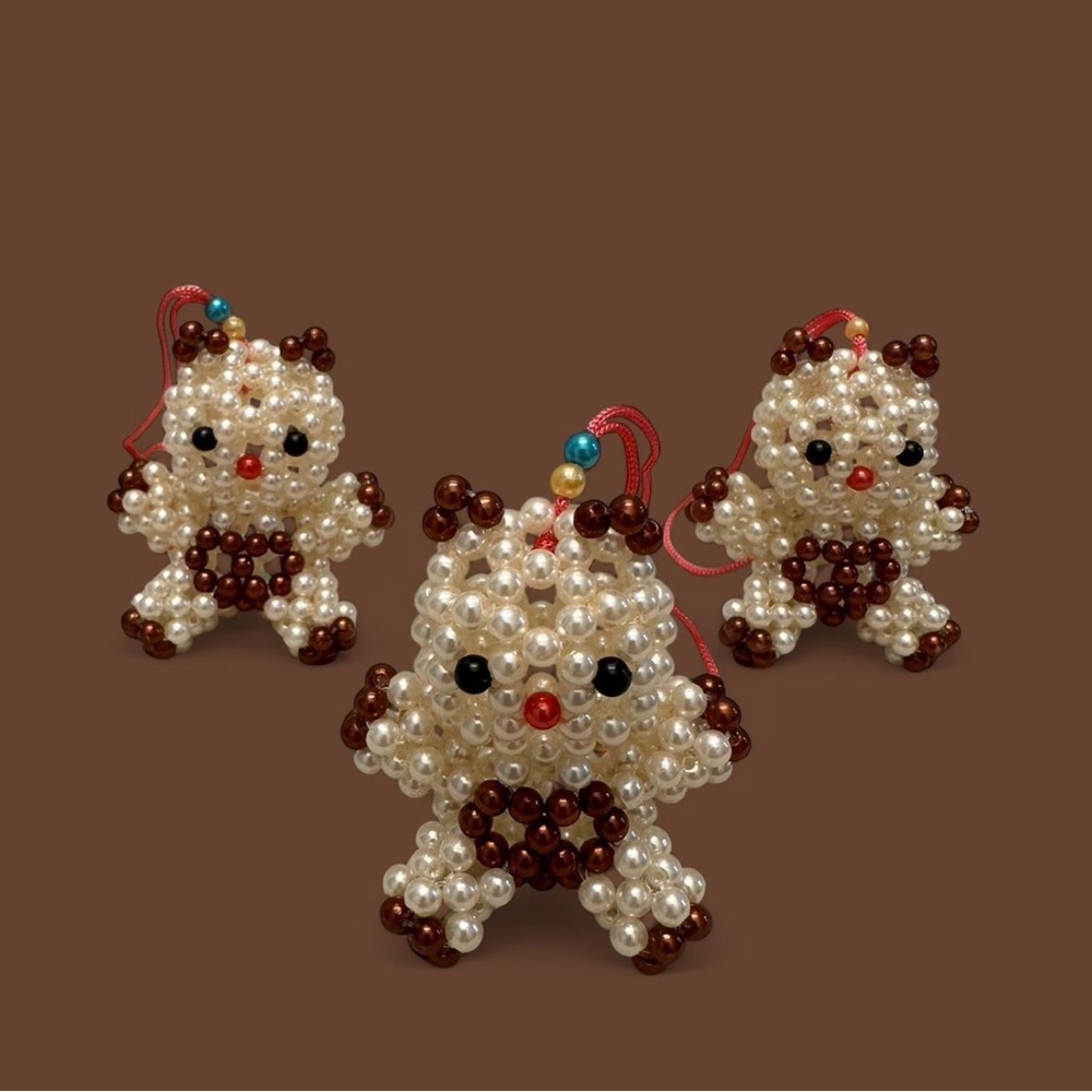 3-Piece Brown & Pearl Beaded Bear Ornament Set – Handmade Christmas Decorations